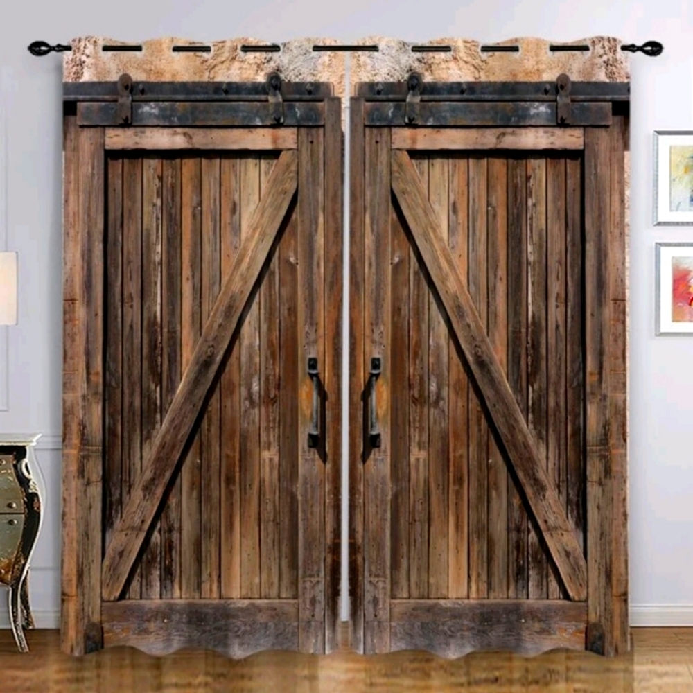 2pcs Rustic Curtain, Wooden Door Pattern Curtain